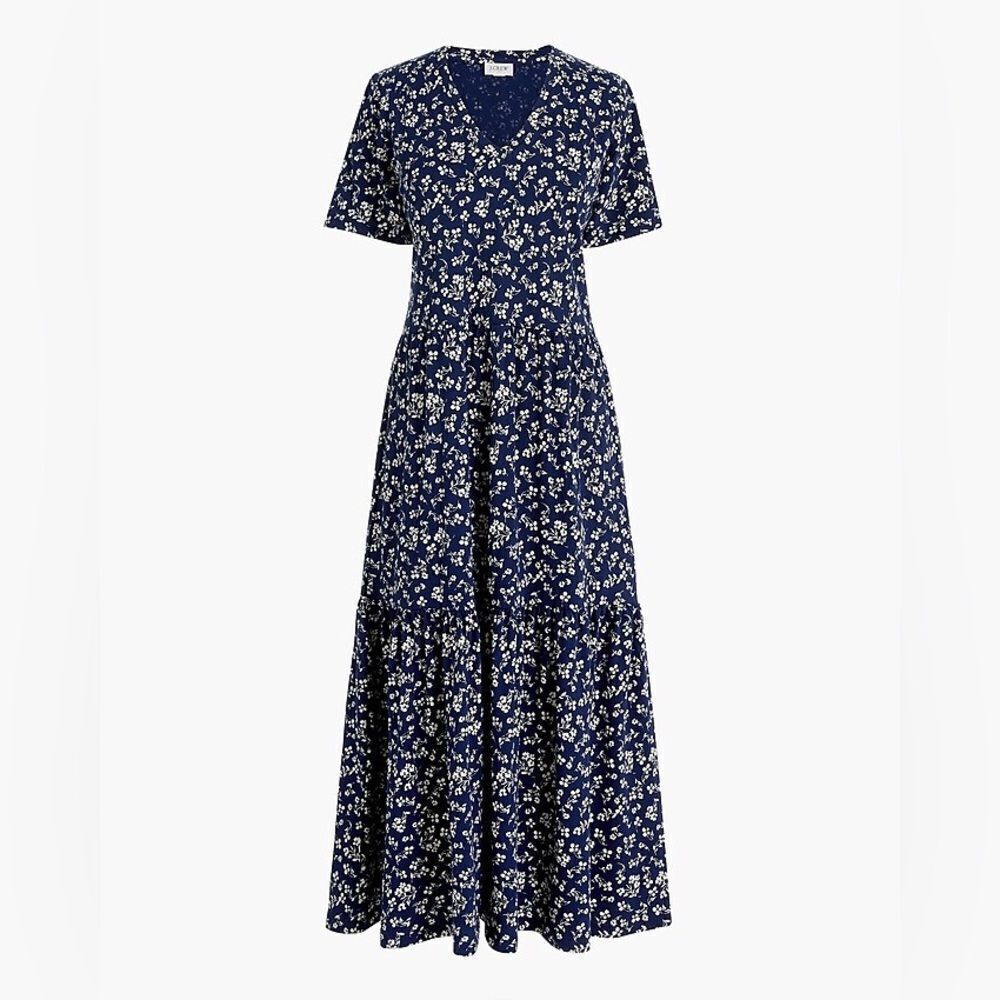 J. Crew Navy Blue Floral Tiered Knit MIDI Dress